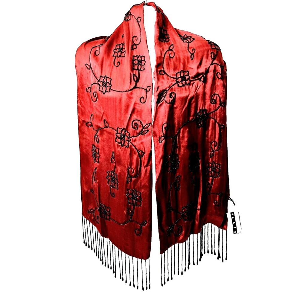 Zazou Beaded Rose Scarf Red/Black 34" Long Tassels Vintage New With Tag!